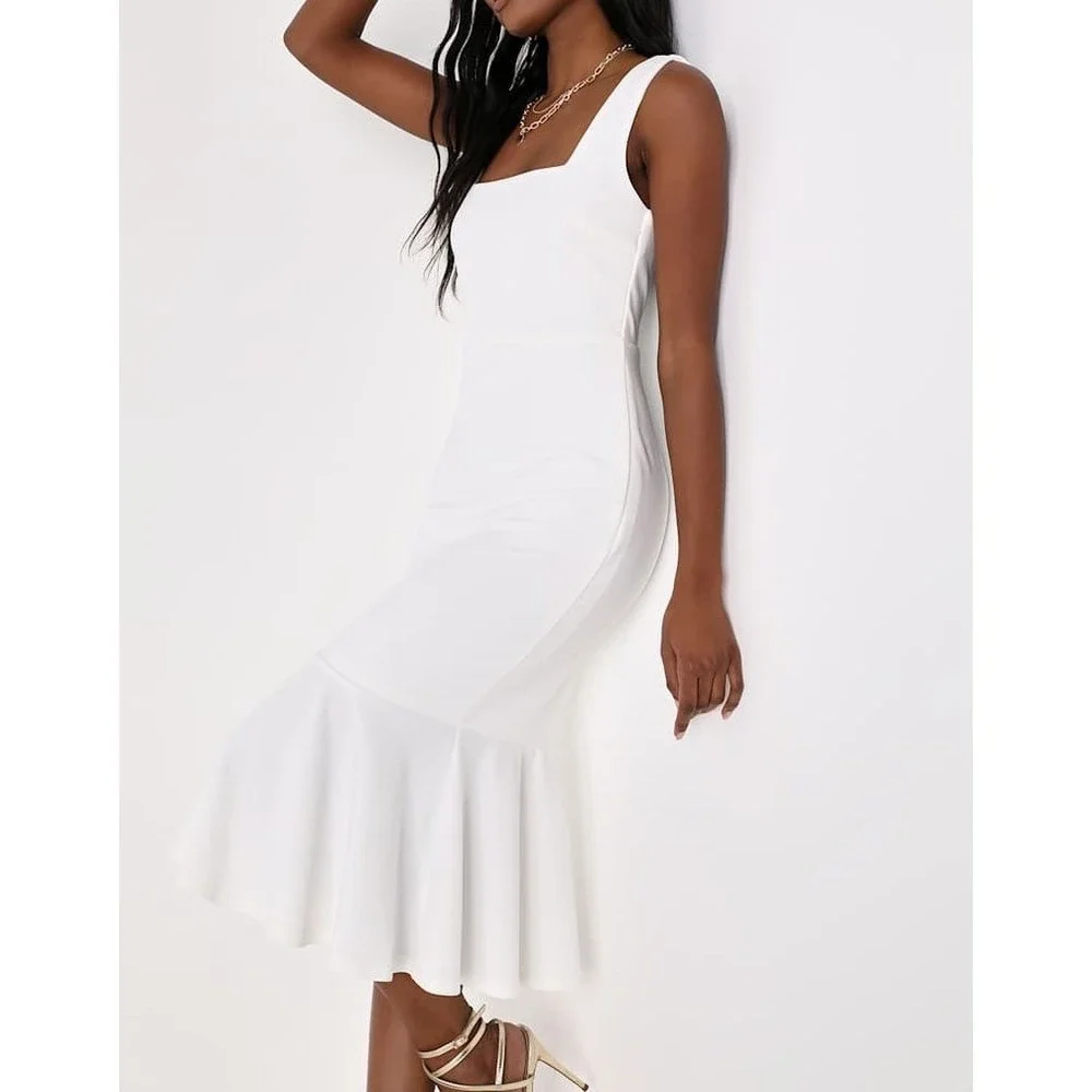 NWT Lulus Moment Maker White Square Neck‎ Trumpet Midi Dress Large
